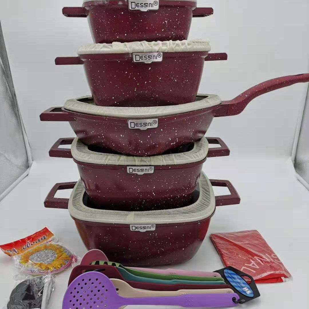 dessini25件套不粘锅方形条纹压铸铝锅麦饭石锅厨房组合锅具套装