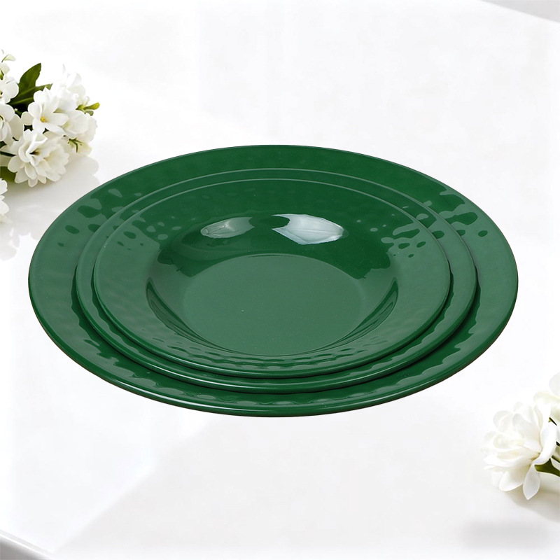 Custom-made shallow plates for foreign trade, melamine tableware, new dark green fish plates, 9-inch waist plates, shallow plates details Picture