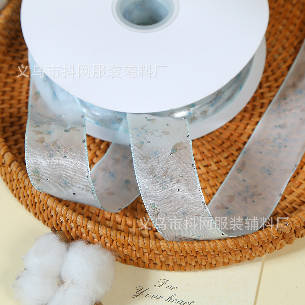 4cm spring style snow gauze ribbon with hot diamond, diy handmade bow accessories, jacquard webbing, flower gift box packaging strap wholesale Specification image