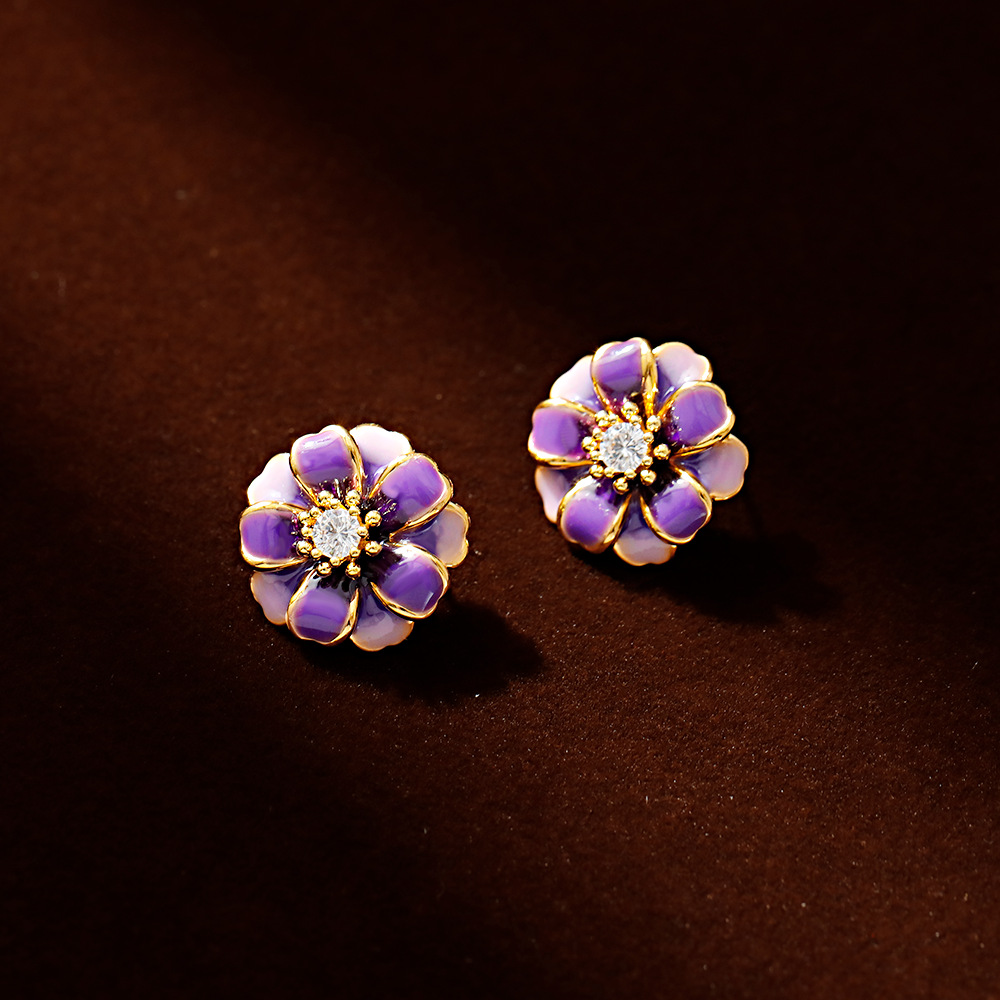 Hyacinth enamel oil drop taro purple flower stud earrings with a fashionable and unique design, light luxury zircon earrings, will be a bestseller on Douyin in 2025 details Picture