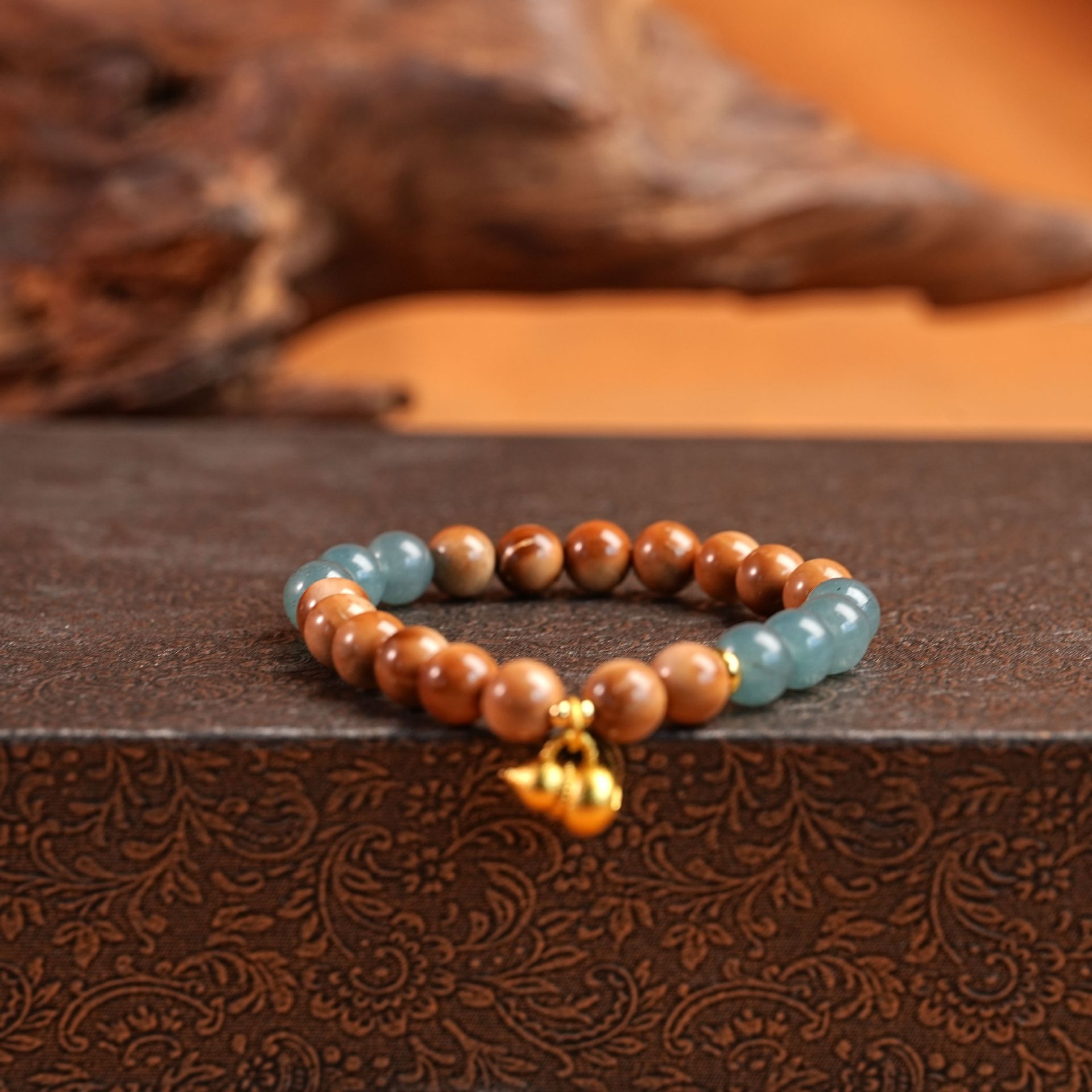 跨境爆款绿檀木串珠手串新中式复古文玩时尚双色设计百搭饰品配件