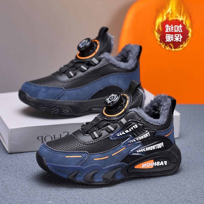 男童运动鞋2025冬季新款轻便皮面防水儿童跑步鞋加绒保暖男孩棉鞋