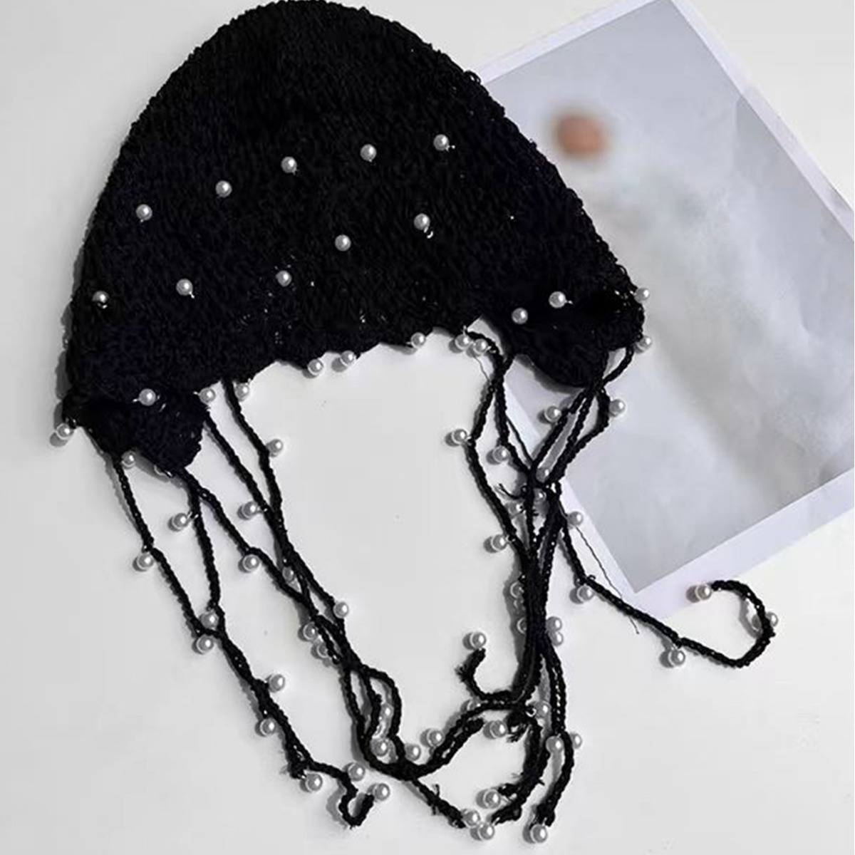 Sombrero primavera verano mujer handmade sombrero sombrero de punto estilo Y2K moda calado coreano versión coreana pearl flecos sombrero details Picture