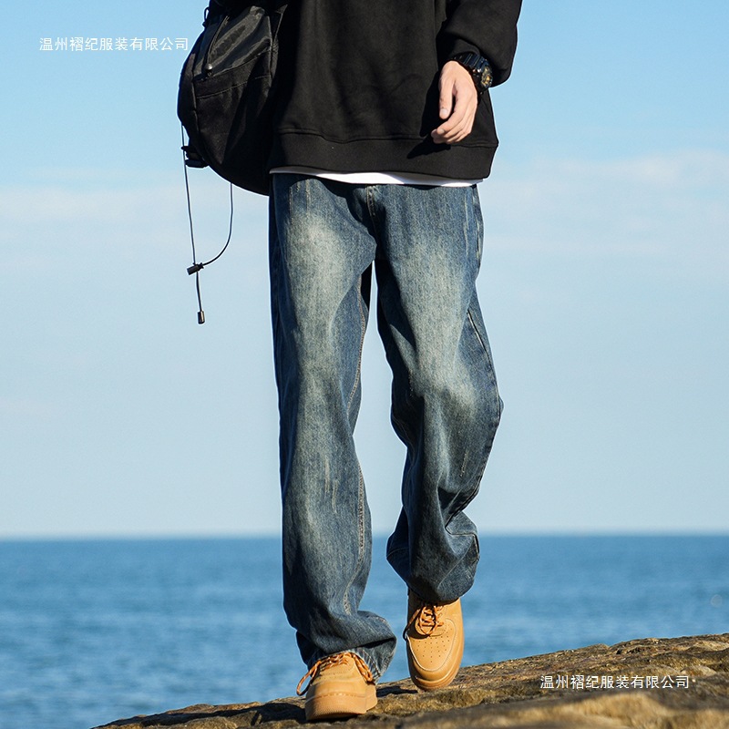 复古蓝做旧牛仔裤男夏美式vibe高街直筒裤子潮牌百搭宽松阔腿长裤