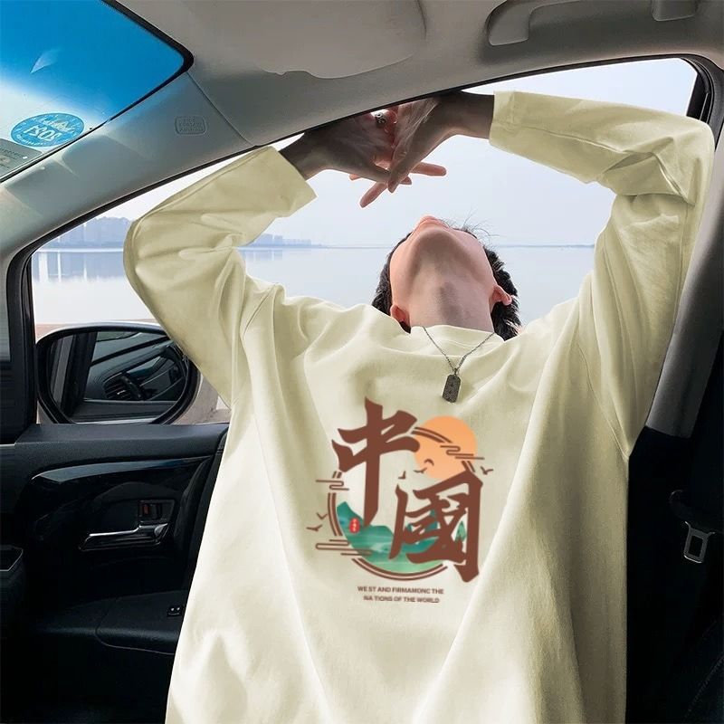 100% cotton high-quality spring and autumn heavyweight long-sleeved T-shirt, men's versatile and cool white top, student Korean style base layer