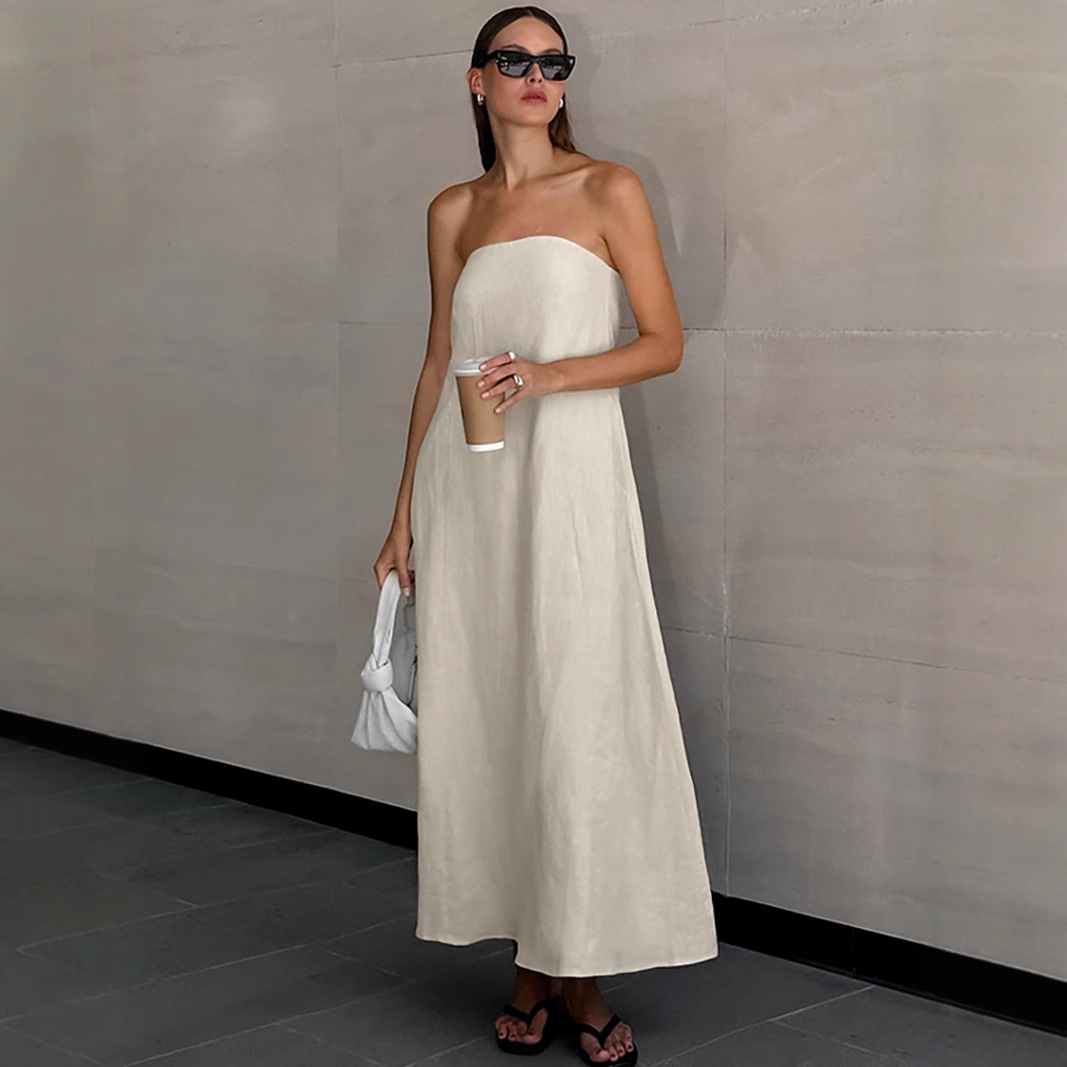 A simple and stylish European and American design dress, a new cross-border slimming and elegant strapless solid color long dress for women in 2025 Application Scenario