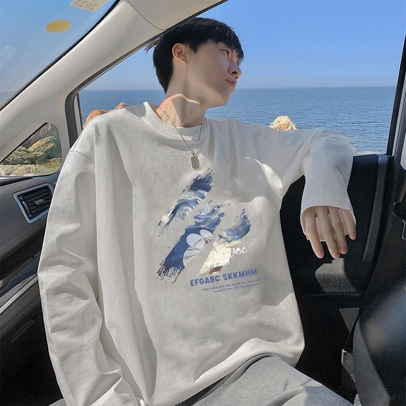 2025春秋季新款100%纯棉重磅t恤男潮流宽松百搭帅气港风长袖上衣