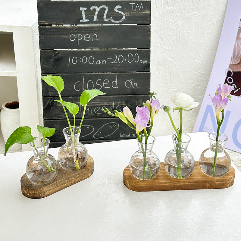 ins风木架水培透明花瓶绿萝植物插花器客厅办公室桌面创意装饰品