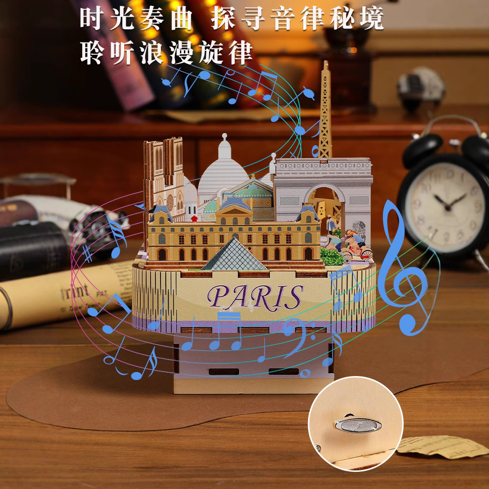 Cross-border new product, national trend and fun wooden music box, DIY handcrafted world-famous architecture, adult toy details Picture