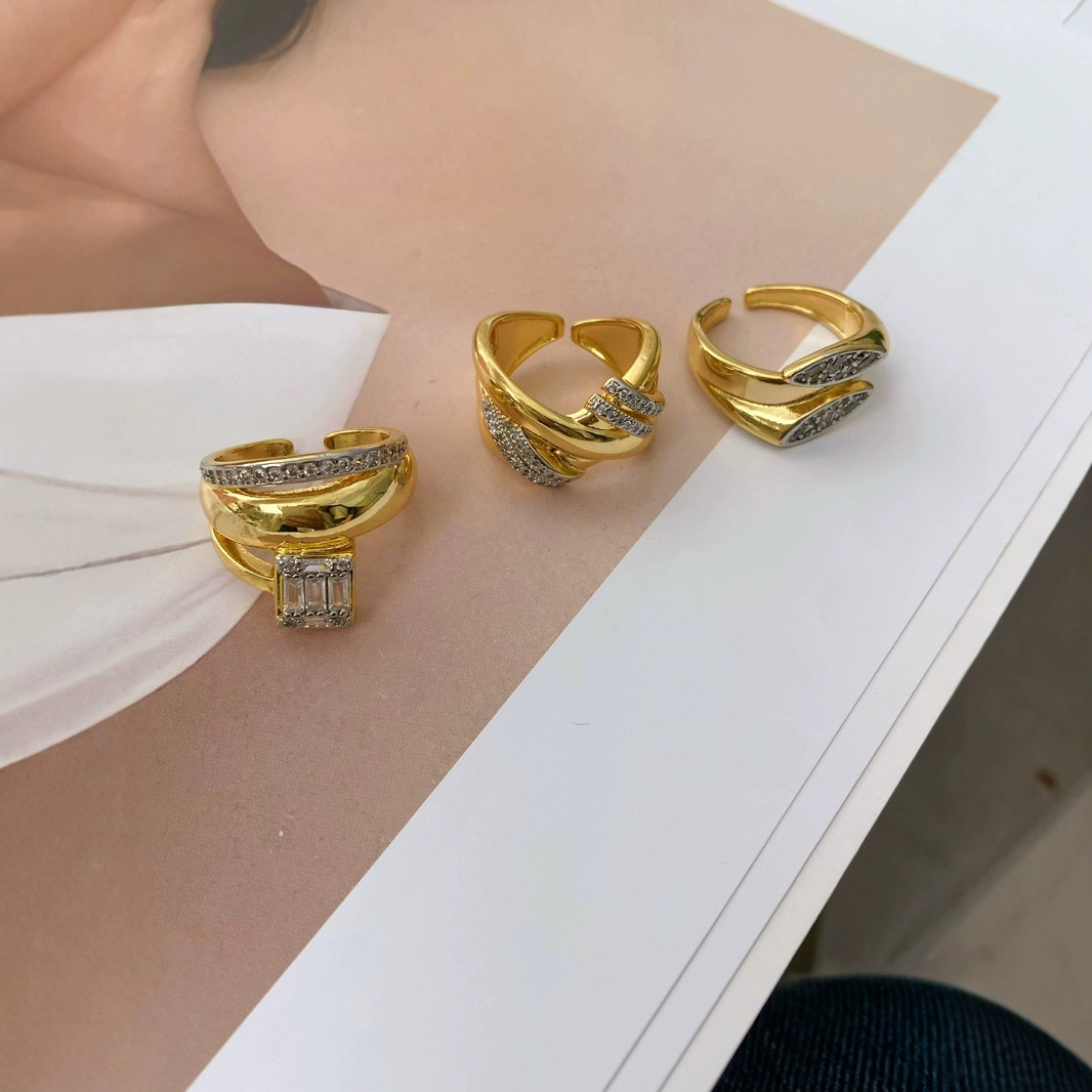 European and American fashion, light luxury, irregular geometric opening ring, women's design sense, niche personality zircon ring details Picture