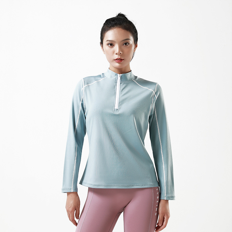 秋冬女运动瑜伽服外套修身半拉链速干健身服显瘦户外跑步上衣队服白底实物图