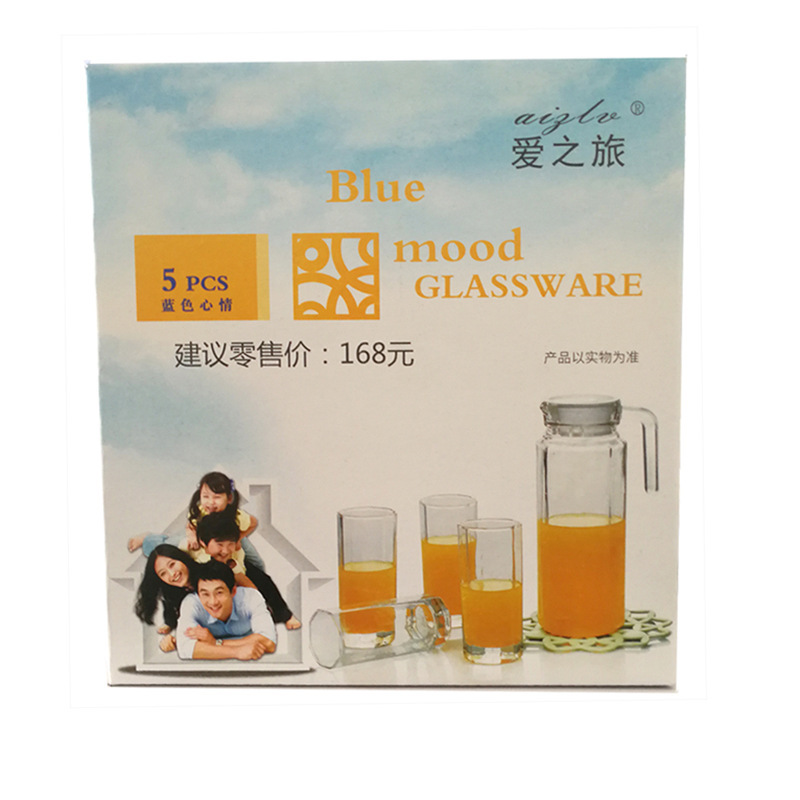 Transparent cold water bottle, juice pot, glass water set, five-piece set, glass cup, practical wedding gift for sale Item Picture