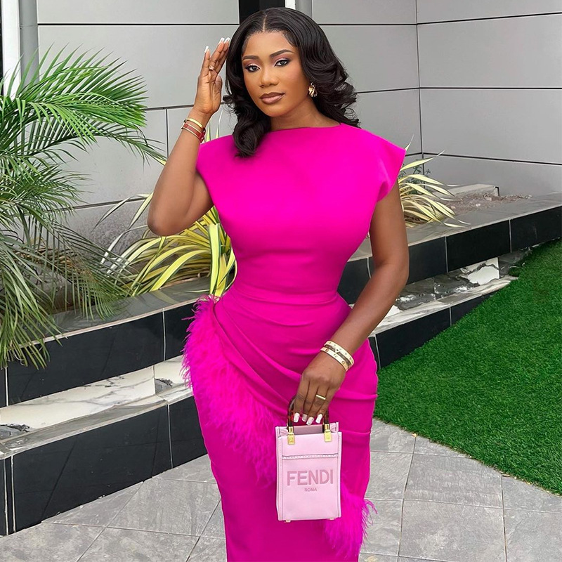 European and American cross-border women's clothing 2026 Summer new fashion short-sleeved solid color pleated frilled slim mid-length dress Specification drawing