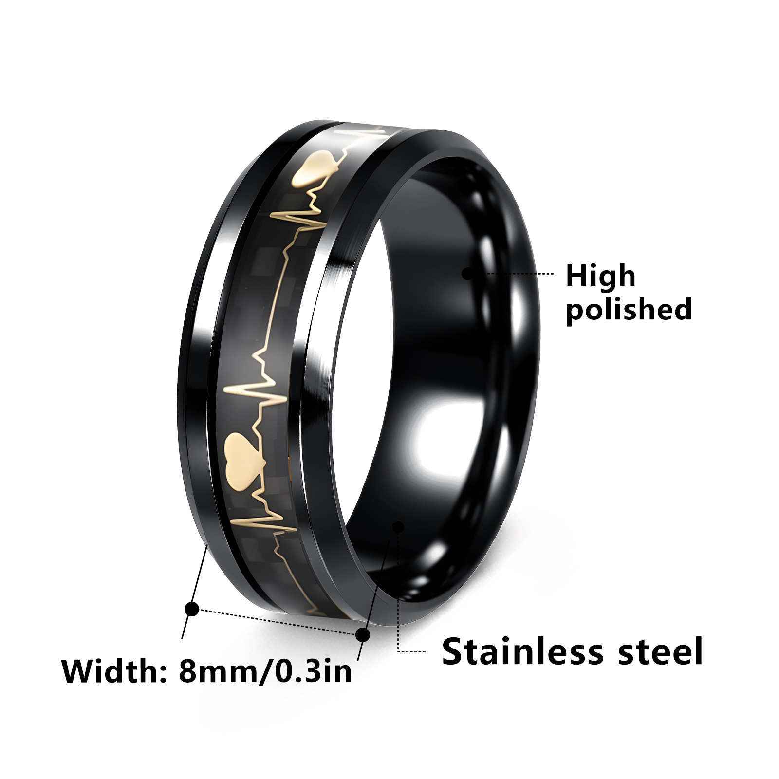 Amazon's best-selling Valentine's Day accessory: 8mm carbon fiber ring for couples, electrocardiogram heartbeat, titanium steel ring Item Picture
