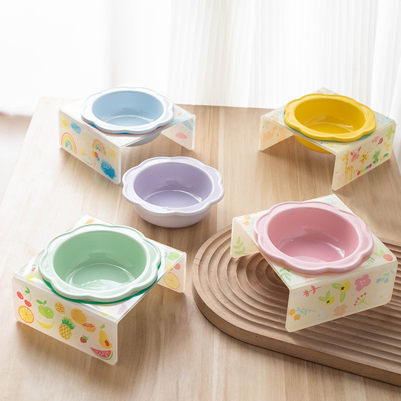 Cartoon pet bowl, acrylic stand, flower ceramic cat bowl, height-increasing dining table, single bowl stand for cats and dogs, neck guard to prevent knocking