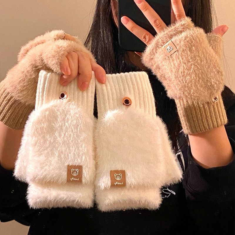 露指可翻盖半指白色毛绒手套女2025年秋冬季加厚保暖学生写字骑行