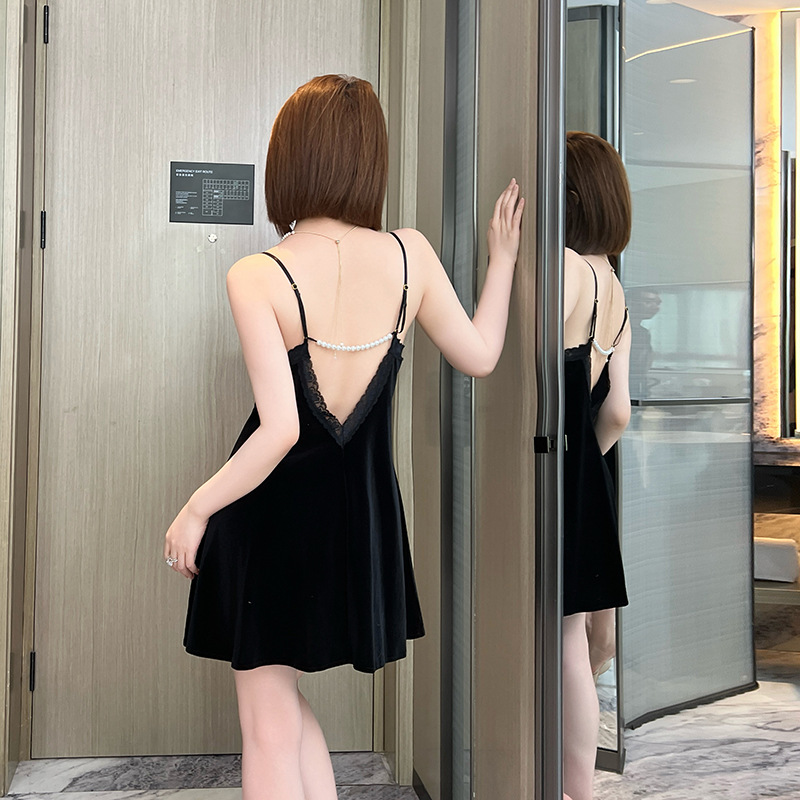 Retro velvet pearl chain backless nightgown for women, sexy deep V lace bow, multi-color home wear 987 Specification image