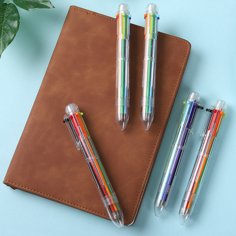 Six-color ballpoint pen, six-color in-stock advertising pen, plastic press pen Specification drawing