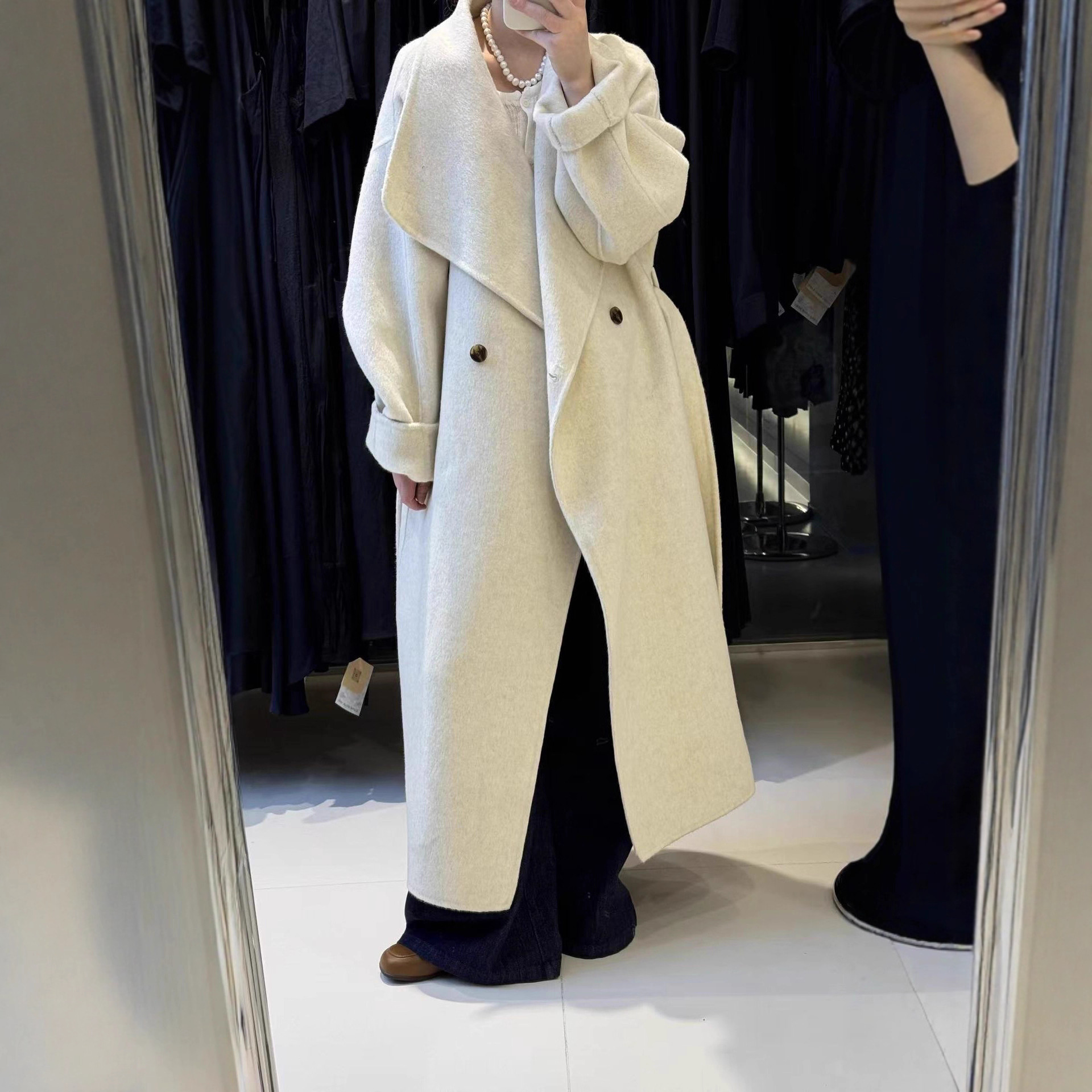 霖儿新长款高级感大翻领气质慵懒风加厚长款双面羊毛呢大衣外套女产品图