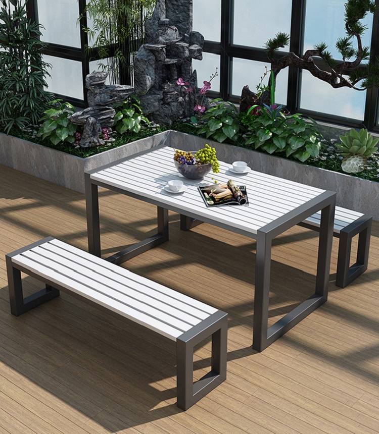 Star Factory outdoor long table and chair combination for leisure villas, courtyards, gardens, parks, outdoor tables and chairs, terraces, coffee tables, plastic-wood and anti-corrosion wood Specification image