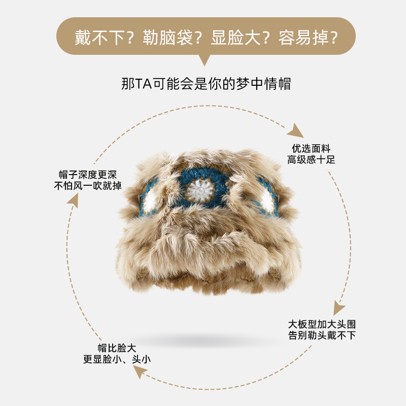 兔毛醒狮帽子女秋冬可爱保暖毛绒渔夫帽百搭显脸小水桶毛茸茸盆帽细节图