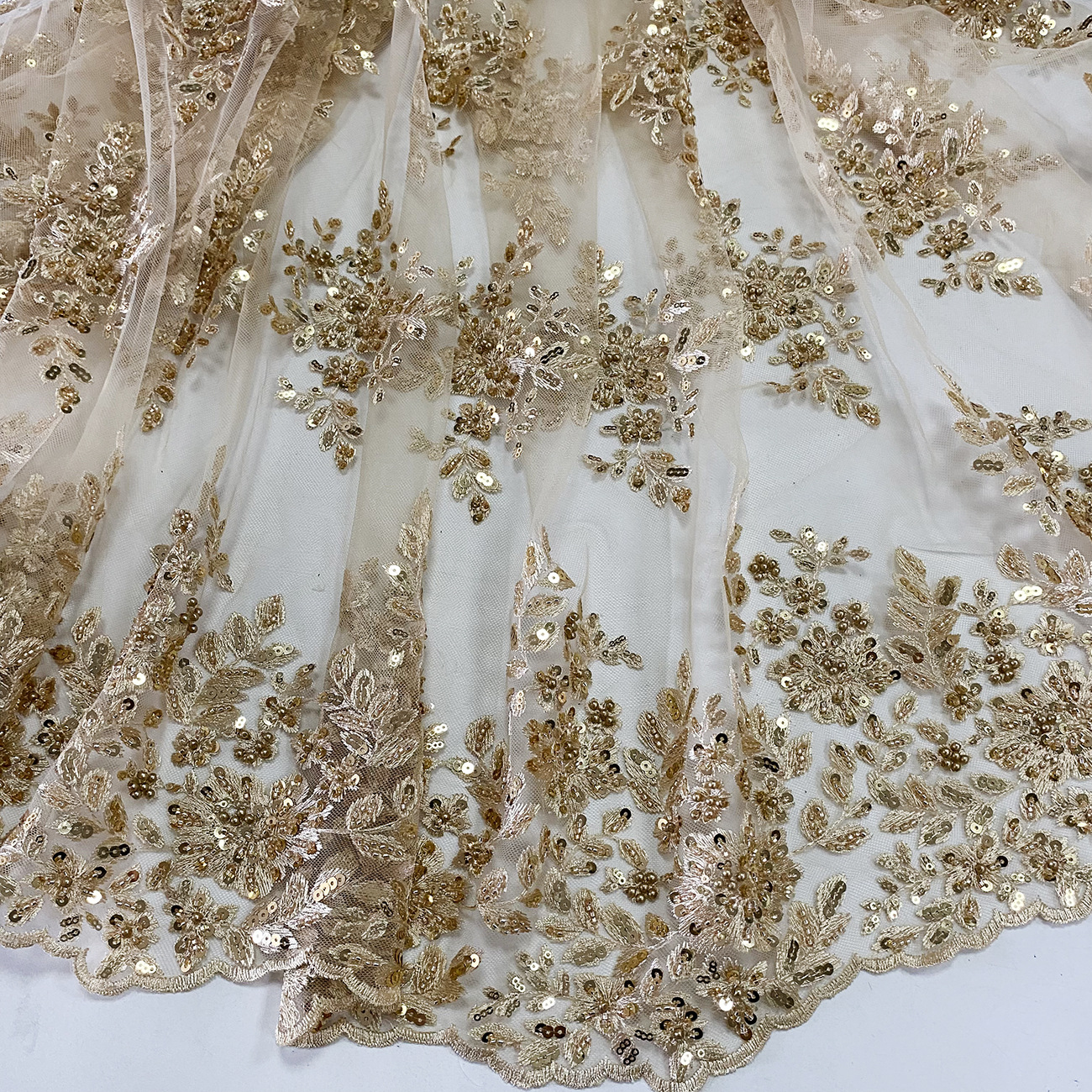 Factory stock of golden bead, bubble bead, sequin, scattered flower, multi-color symmetrical embroidered skirt, lace and mesh fabric details Picture