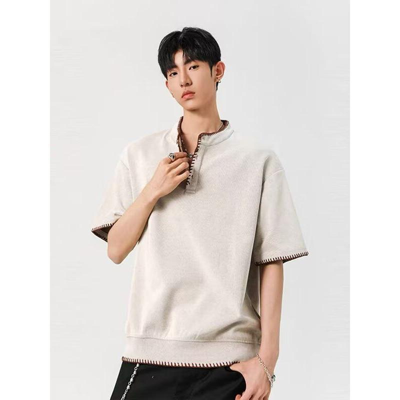 Old money style trendy Hong Kong-style men's T-shirt, summer simple and trendy brand half-sleeved loose and casual Henry T-shirt top