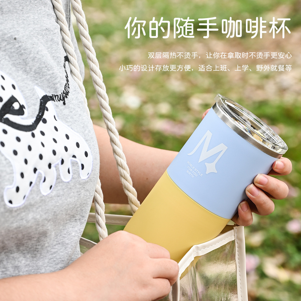 Stainless steel coffee cup with lid, double-layer mug, water cup, ice cup, office and home drinking water, large capacity 600ml Specification image