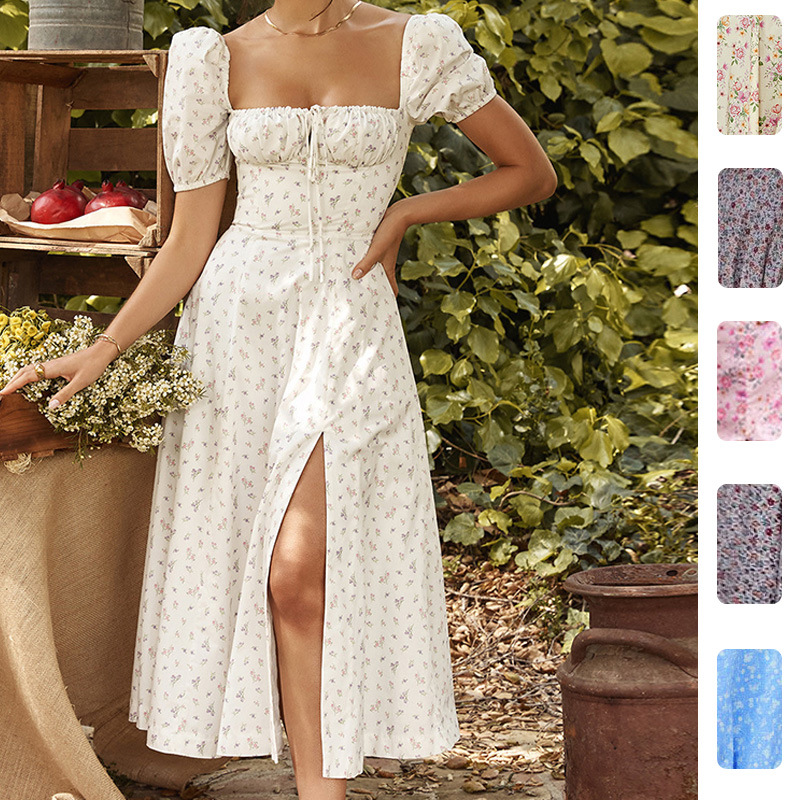 2026春季新款跨境欧美女装印花法式碎花露背修身吊带开叉连衣裙