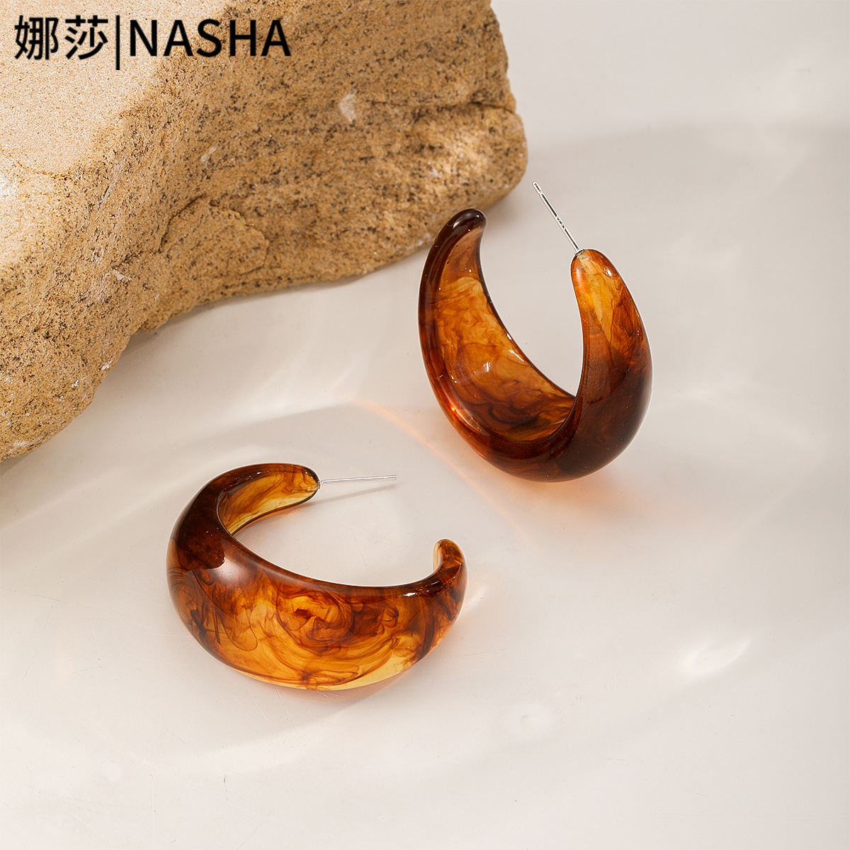 复古耳环树脂C型圈圈耳环女秋冬美拉德色方圆脸气质耳环个性风