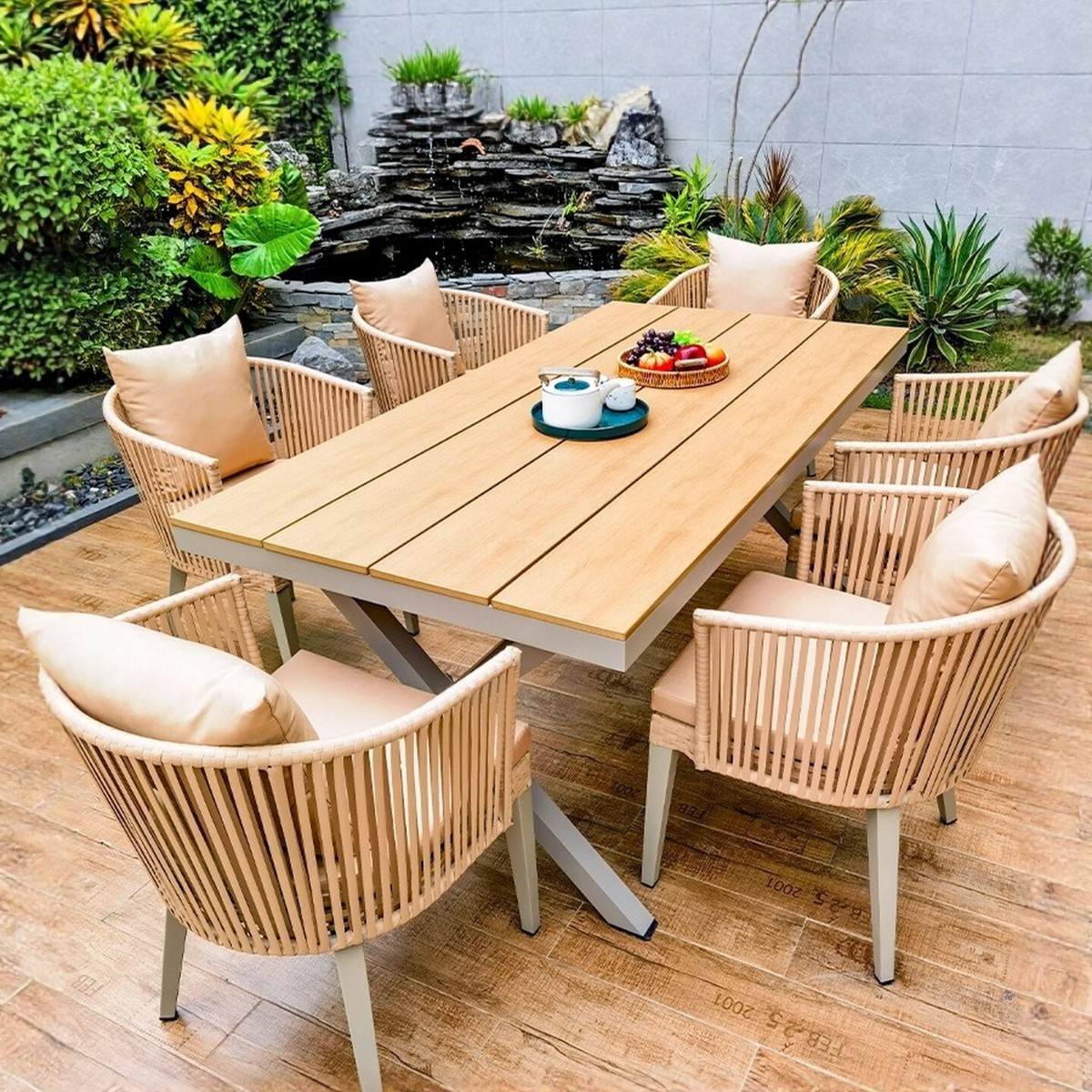 户外桌椅庭院藤椅露天咖啡室外休闲编藤塑木别墅花园露台桌椅组合