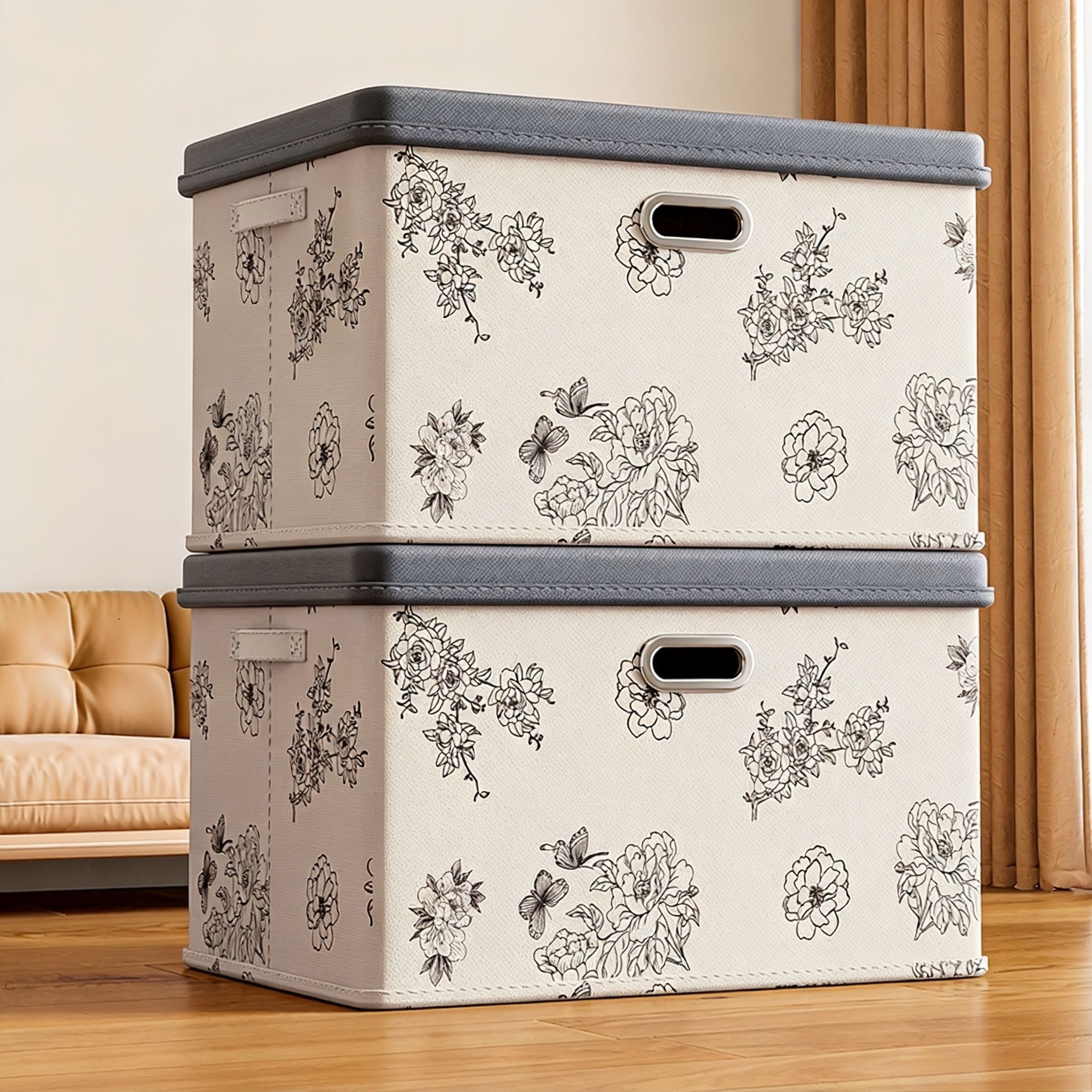 牡丹花收纳盒折叠大容量衣服收纳箱牛津布带盖桌面杂物收纳储物盒