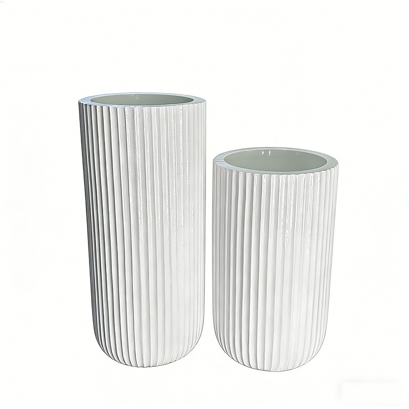 Nordic-style corrugated patterned tall vase, magnesium oxide bright white vertical patterned high-end ceramic flower pot, size combination style Item Picture