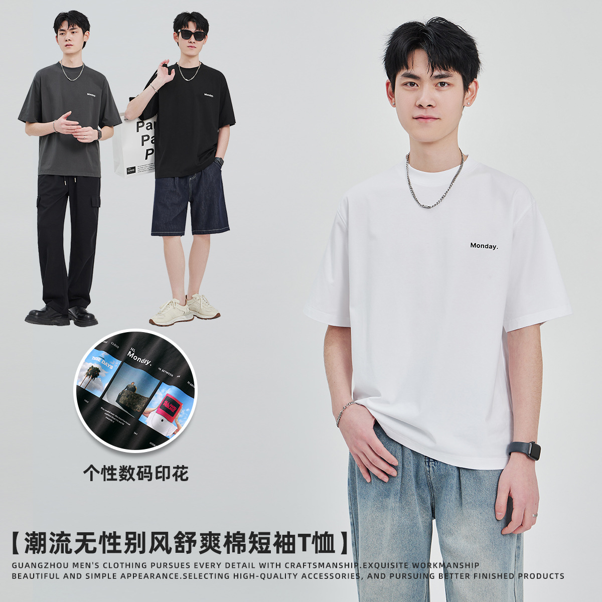 APO Men's Wear: The latest pure cotton casual T-shirt for men in summer 2024, a trendy round-neck printed short-sleeved shirt for men details Picture