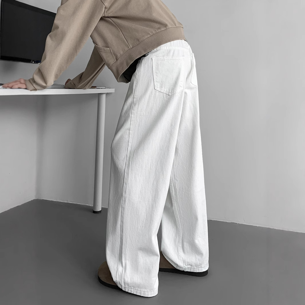 White jeans, a loose, casual and versatile American retro floor-length wide-leg straight-leg long pants for men's spring and autumn fashion details Picture