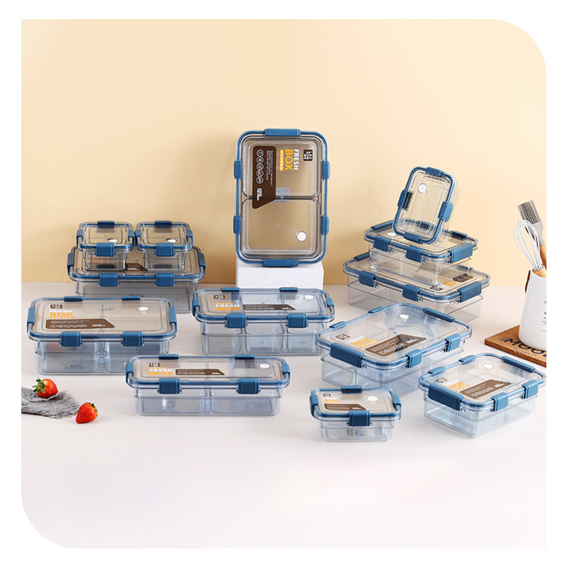 Blue-framed transparent compartments PVC vacuum-formed cylindrical storage and preservation box