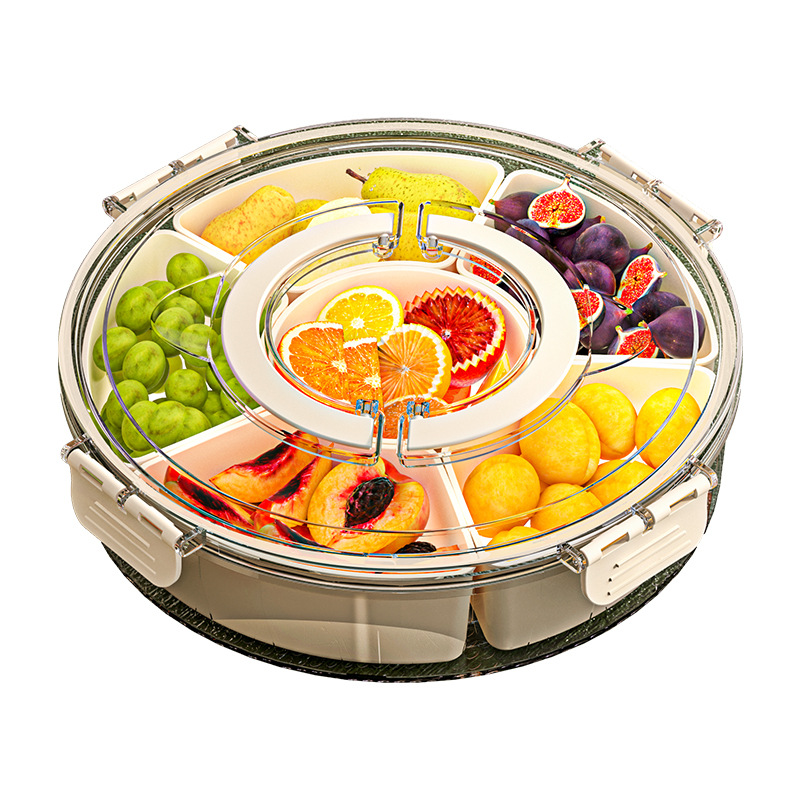 A portable household round covered snack box with a handle, a six-compartment rotating fruit plate, a sealed moisture-proof dried fruit plate Item Picture