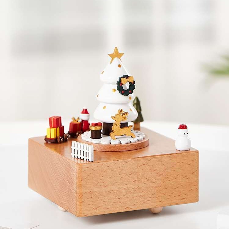 2025新款圣诞音乐盒木质工艺品创意圣诞节礼品圣诞快乐发条八音盒细节图