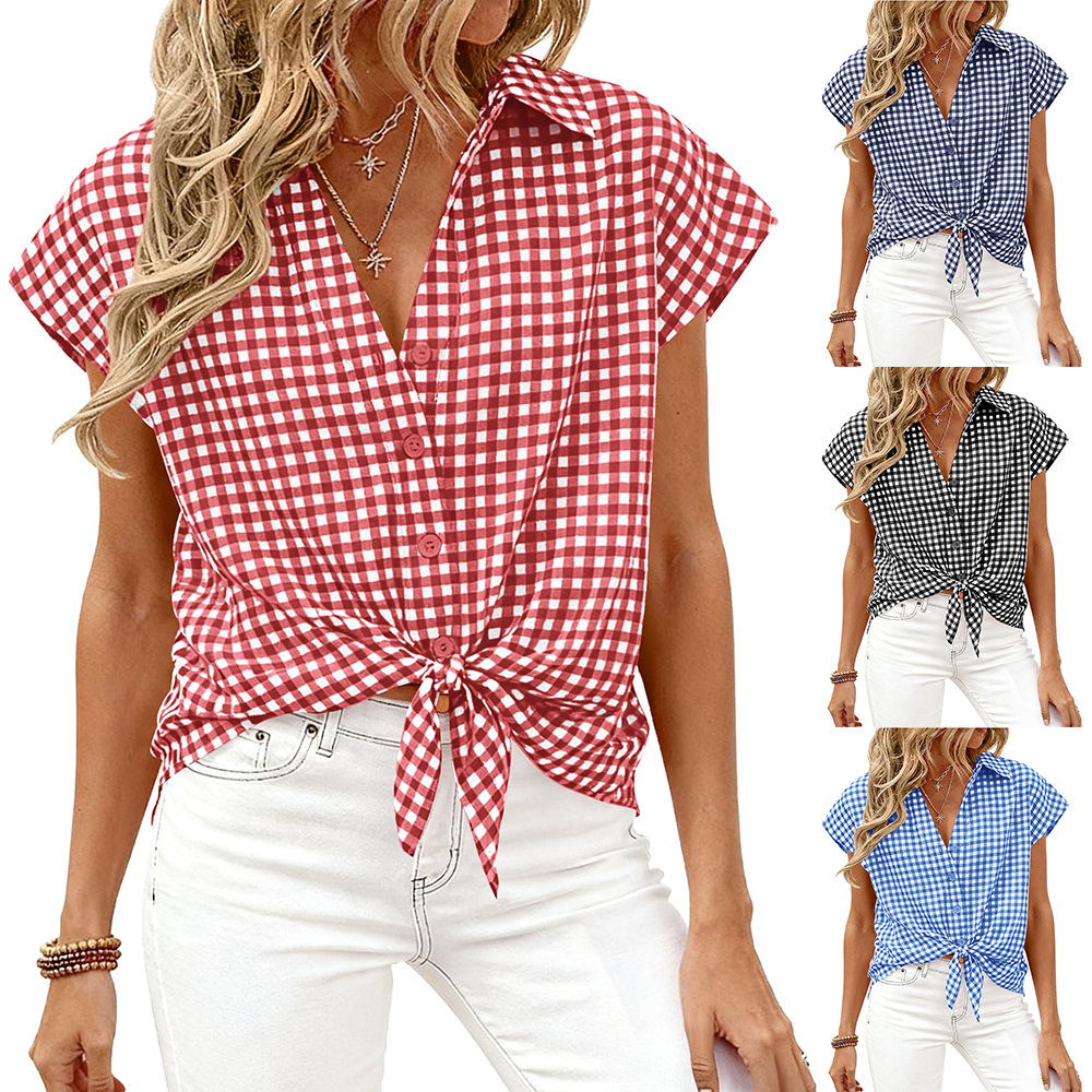 Cross-border Amazon beauty 2026 Summer New style Casual button short-sleeved casual loose checkered shirt full figure