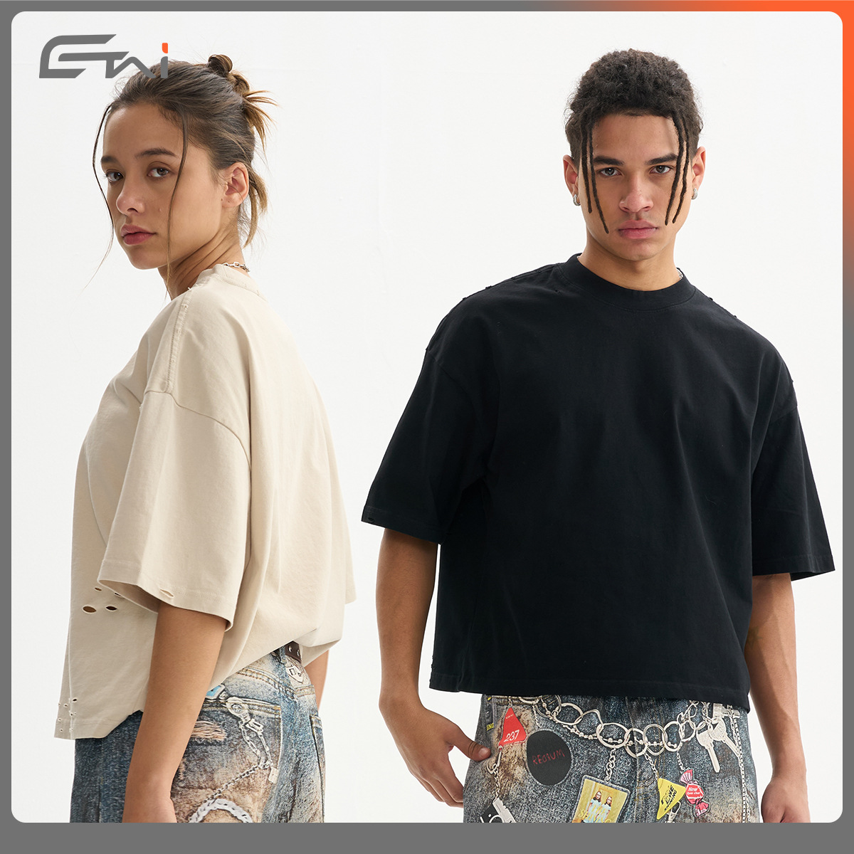 ETAI Men's Wear: High-quality, heavyweight pure cotton boxy short-sleeved men's T-shirts, a trendy brand of worn-out loose men's T-shirts Item Picture