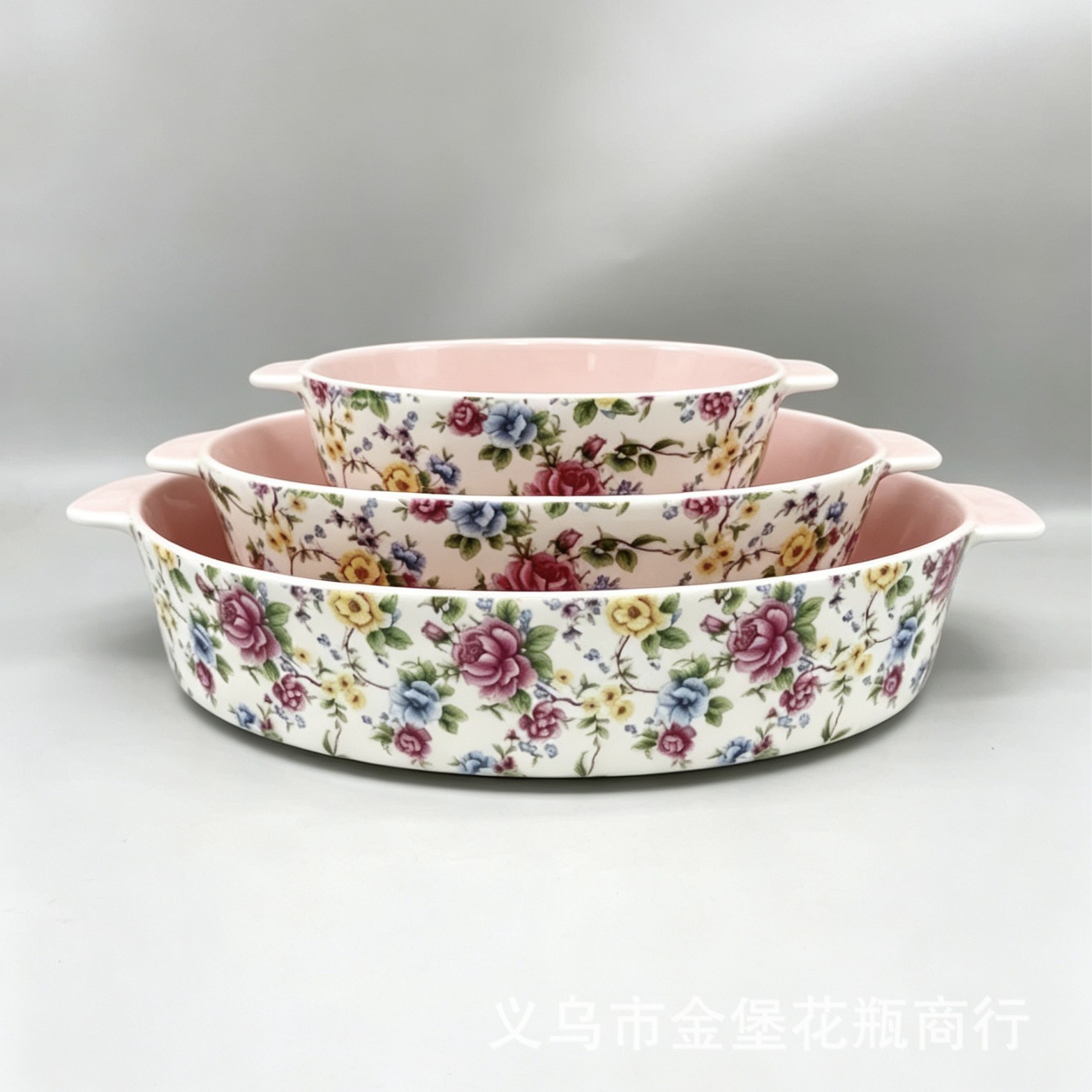 Three-piece set of French floral double-ear ceramic baking tray, multi-color inner glaze, oven-specific rice baking plate, household baking bowl