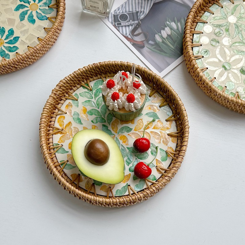 Vietnamese rattan woven trays, shell and fruit plates, rattan basket woven breakfast baskets, Nordic bamboo woven bread baskets and pastry baskets Specification image