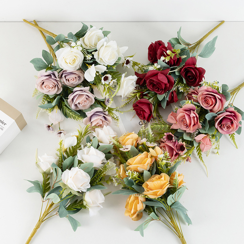 Wholesale of simulated fan-shaped Dutch roses for weddings, artificial flower sets and decorations, large bouquets, multi-headed roses Specification drawing