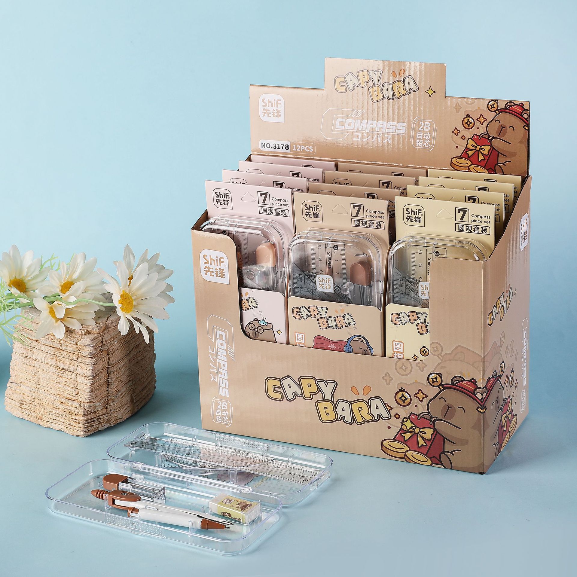 Pioneer 3178 Large Card Leather Seven-piece Compass Set, Student metal alloy compass Geometry Exam Drawing set Specification image