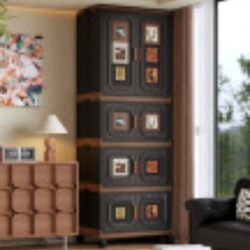 北欧中古风黑衣柜家用塑料收纳柜简约现代玄关柜酒柜储物柜收纳柜