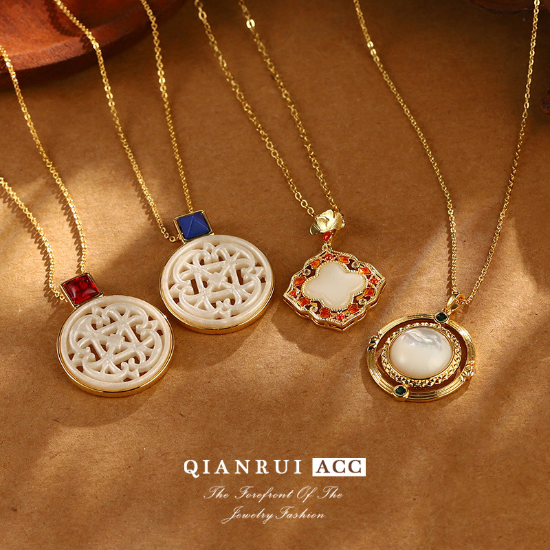 Retro imitation Hetian jade necklace, high-end pendant, niche collarbone chain, French zircon, new Chinese-style fashionable and versatile clothing accessories details Picture