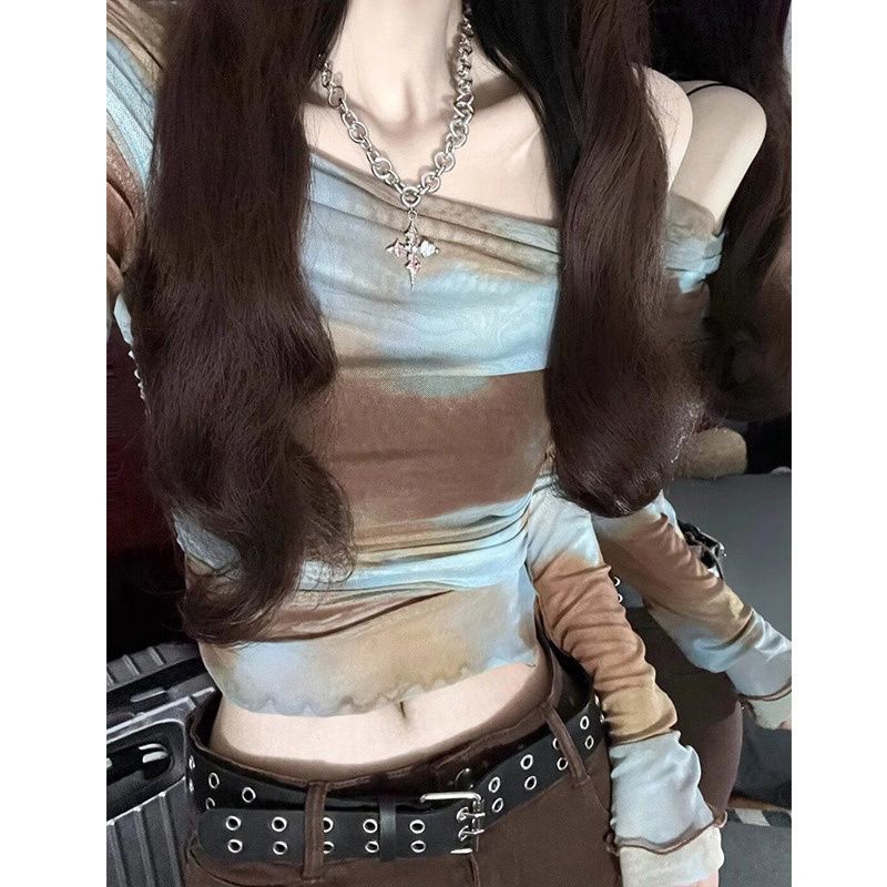 Gradient tie-dyed mesh one-shoulder long-sleeved T-shirt for women, summer hot girl style, sexy and slimming, paired with a short top inside Specification drawing