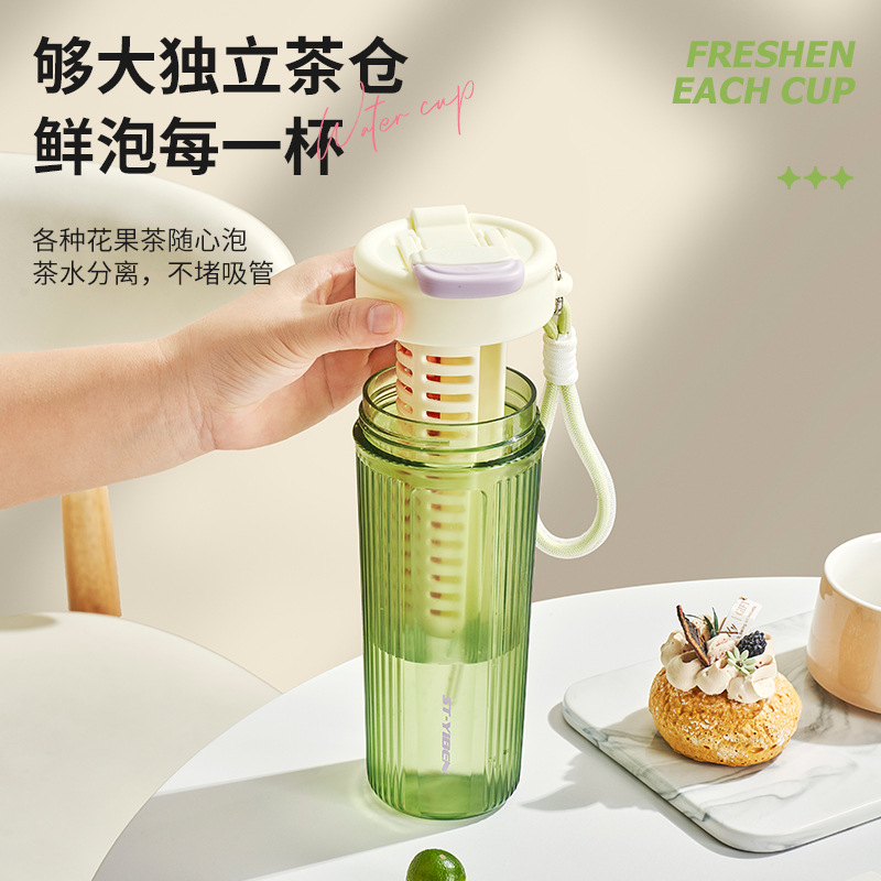 The new Yiben high-appearance-level simple frosted flower tea plastic water cup, tea-water separation double-drinking cup, outdoor travel cup Specification image