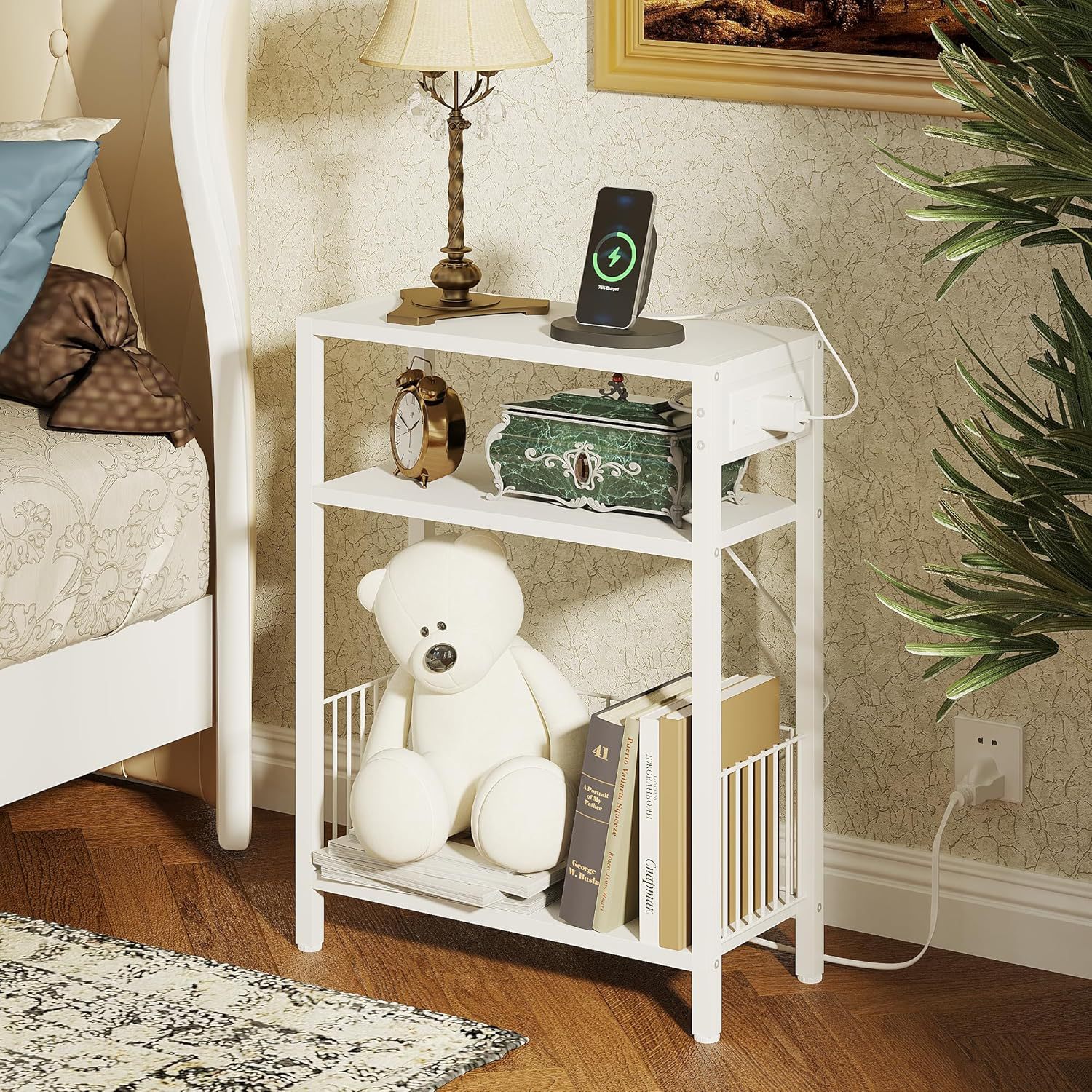 A few tables beside the sofa, modern and simple style, with storage baskets and sockets, small space living room, movable beside the sofa details Picture