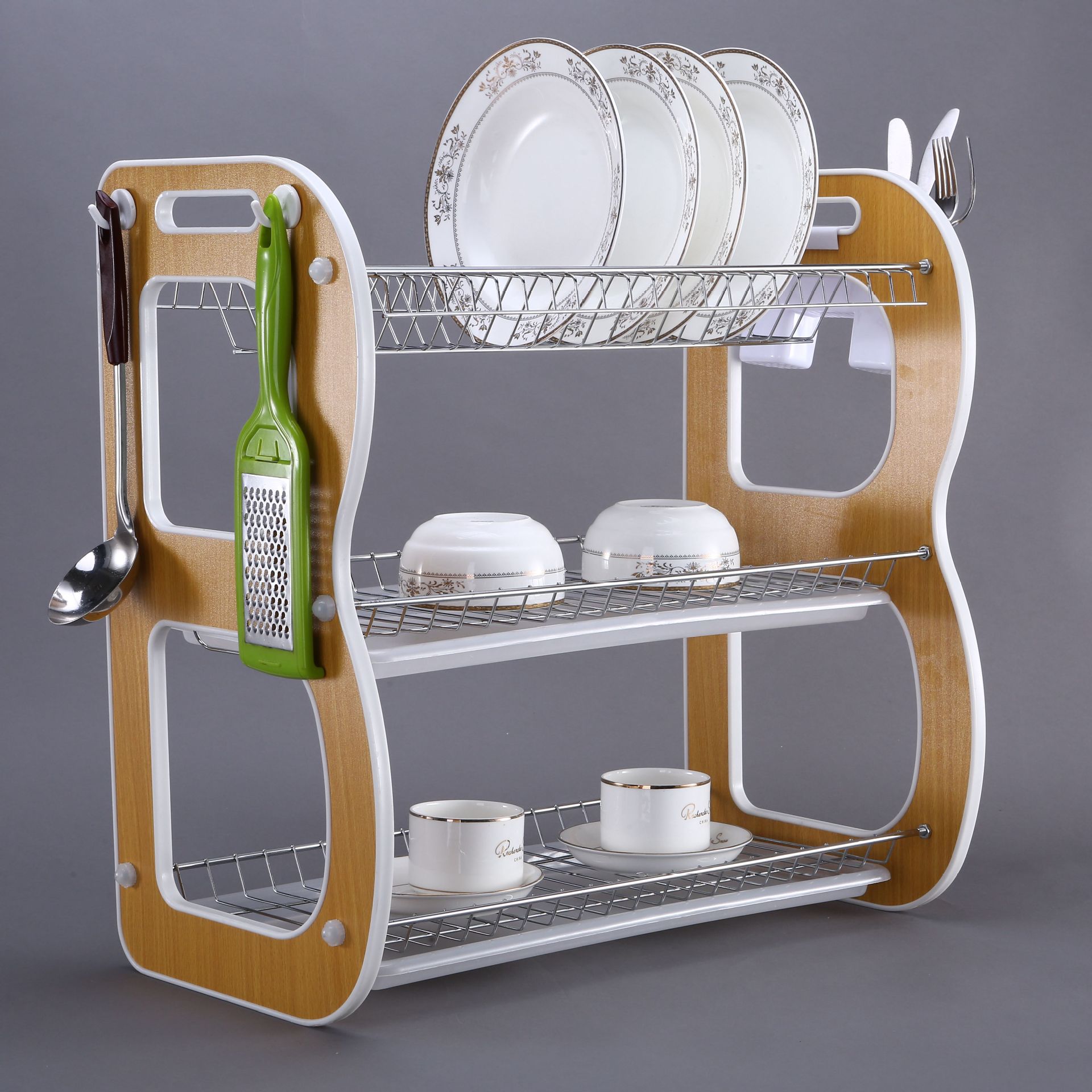 Cross-border household kitchen storage rack, three-layer dish storage rack, floor-standing chopsticks and bowls, wooden draining rack for storage